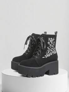 Womens Gothic Platform Ankle Boots Round Toe Embroider Chunky Heels Zipper Lace Up Punk Boot Party Work Dress Shoes Halloween Gift Concert Outing Casual Outdoor Fall Winter Black Booties