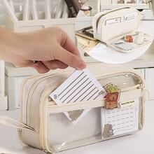 大容量铅笔盒 - 透明多层设计，便携式桌面收纳盒，柔软面料，多个隔层，适合办公室使用，耐用拉链。不含配件。适用于学校用品，返校