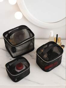 透明化妆包，防水便携，容量大。这是一款小巧便捷的女士旅行洗漱包。旅行必备品。女士包。大学必备品。旅行。女士包，度假必备品，化妆包，洗漱包，旅行必备品，旅行，包。化妆包，洗漱包，旅行必备品，女士包 - 黑與白 - 查看 3