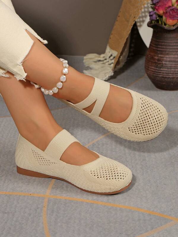 Hollow Breathable Round Toe Loafers For Women, New Slip-On Flat Knitted Casual Shoes, Neutral Ballet Flats For Outdoor All Seasons