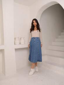 Women's A-Line Midi Denim Skirt, Stylish Winter Look - Light Wash - View 1