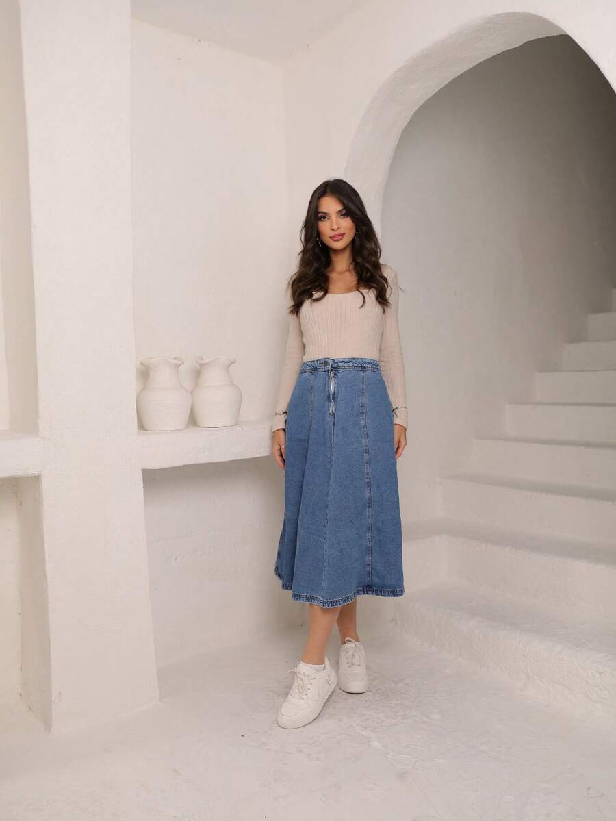 Women's A-Line Midi Denim Skirt, Stylish Winter Look - Light Wash - View 1