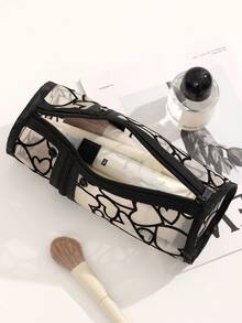 Estojo multifuncional de malha para lápis e pincéis de maquiagem, bolsa transparente para cosméticos com zíper cilíndrico, porta-canetas de dupla utilização ou bolsa para deitar com design de coração de veludo, bolsa de papelaria de grande capacidade para adolescentes, bolsa portátil dobrável para lápis e viagens escolares e de escritório, material de volta às aulas, bolsa de maquiagem de malha - Multicolorido - Ver 3