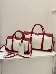 1pc Canvas Contrast Color Patchwork Fashion Duffle Bag,UnisexTravel Luggage,Suitable For Overnight Stay, Commuting,Short-Distance Travel(Small Size Fo R Commuting,Large Size For Short-Trip) Travel Essentials Holiday Vacation Luggage Suitcase Travel Bag For Women - Burgundy - View 5