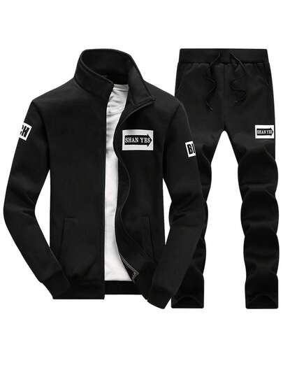 Men's Autumn Letter Print Stand Collar Zip-Up Jacket And Pants Set, Casual Sports Outfit