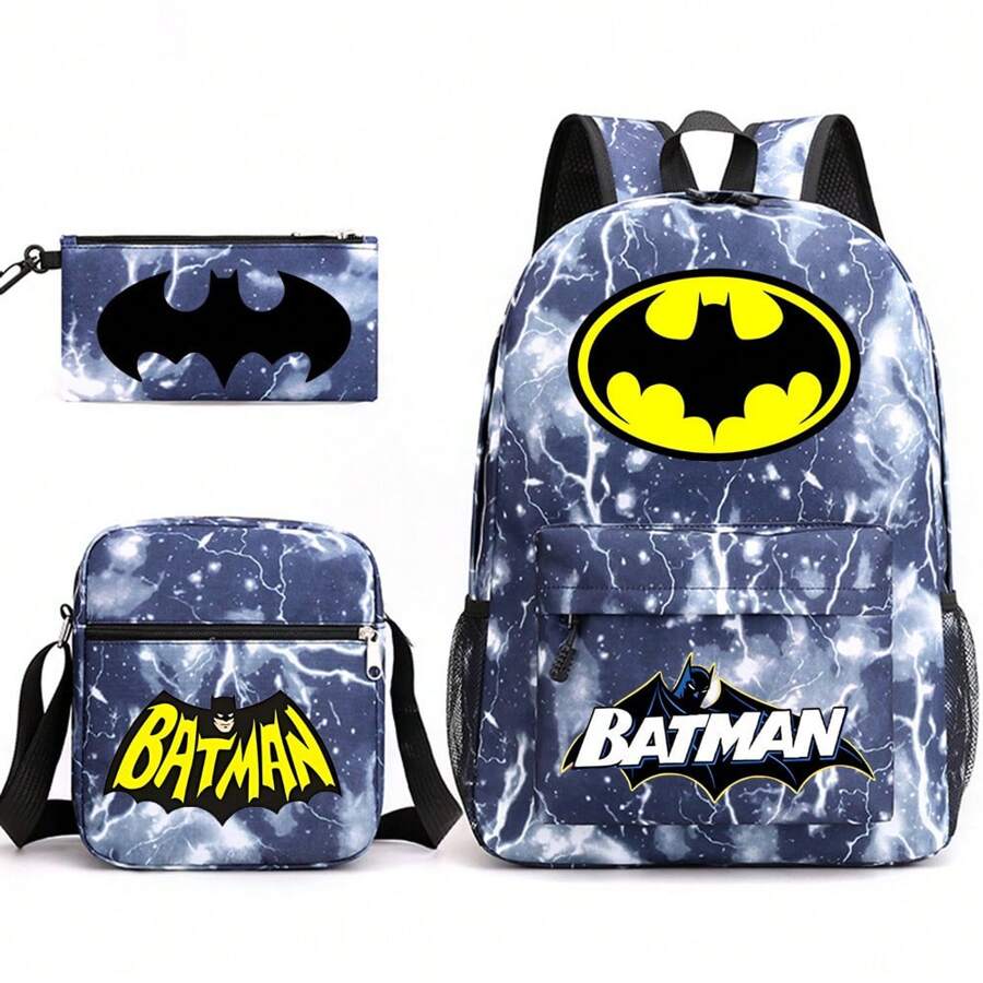 Warner Bros 3pcs/Set WB Batman Backpack Set, Casual Backpack, Collegiate Style Fashion Student Backpack, Printed Large Capacity Outdoor Backpack, Cute Cartoon Backpack, Back To School, Halloween, Christmas Gift - Multicolor - View 1