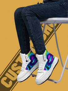 定制高帮靴，仿皮鞋面，个性化设计，上传您的图片，柔软舒适，街头风格，时尚定制礼物，适合妈妈/爸爸/她/他/女朋友/男朋友/妻子/丈夫/朋友 - 黑色 - 查看 4