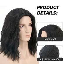 长卷波浪形黑色假发合成耐热角色扮演服装万圣节派对黑色男士假发 - 黑色 - 查看 3