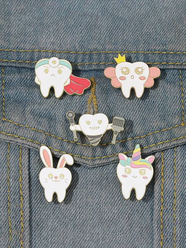 1/5 piezas Broche de diente lindo, diseños creativos con temática dental como Super Diente y Princesa Diente, adecuado para atuendos casuales como vaqueros, mochilas, gran regalo para amigos, accesorio adorable, broche creativo, esencial de moda