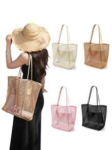 حقيبة شبكية للشاطئ، حقيبة سعة كبيرة، حقيبة تخزين للسفر، حقيبة محمولة متعددة الاستخدامات، خفيفة الوزن، مقاومة للماء، قابلة للطي، مناسبة للشاطئ والتسوق والسباحة والجيم والسفر والمدرسة، حقيبة كتف مائلة، حقيبة متشرد، حقيبة هلال القمر، محفظة، سلسلة مفاتيح أنمي، كاميرا، حقيبة مستحضرات تجميل للسفر واليومية