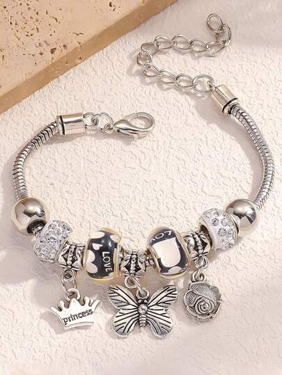 1pc Girls' Fashion Bracelet, Bohemian Silver Butterfly Pendant, Rhinestone & Beaded Elegant Bracelet, Gift For Party, Banquet