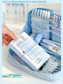 Simple Color Wide-Open Pencil Bag Pen Case 12 Compartments Oxford Fabric Storage Pouch For Stationery School Student , Back To School Gifts - 彩色 - 查看 3