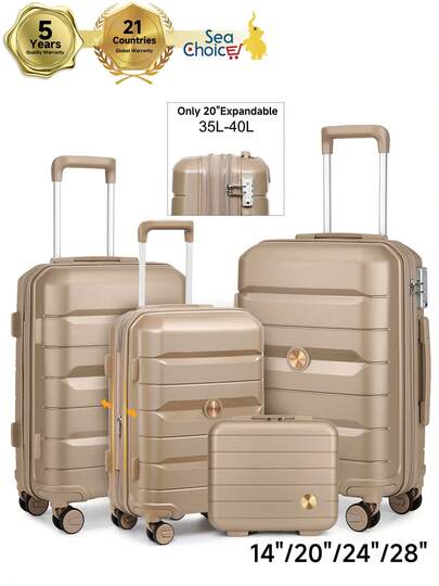 Sea Choice Luggage Set 4 Piece Lightweight Polypropylene Travel Suitcase Hardshell Carry On Trolley With 8 Spinner Wheels 14" 20" 24" 28" With YKK Zipper TSA Lock(20 Inch Expandable)