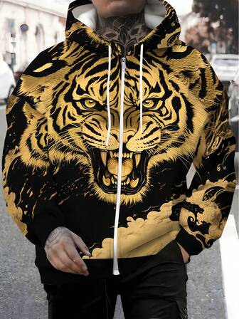 1pc Men's Casual Fashion Printed Zip-Up Hoodie Sweatshirt, Suitable For Sports, Holidays, Gift For Family, With Drawstring, Autumn/Winter, Long Sleeve Top