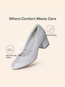 Women's Low Chunky Pumps Block Heel Dress Shoes Closed Round Toe Comfortable Heels For Commuting Parties Daily Wear - Bạc - Xem 2