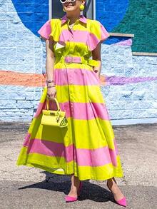 Women's Plus Size 2025 Summer Beach Vacation Dress Contrast Color Striped Lapel Button Butterfly Sleeve A-Line Midi Dress With Adjustable Belt Beach Dresses Holiday Outfit - 黃色 - 查看 2