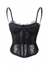 RAHQ 1 pieza Parte superior corta ajustada con adorno de encaje para mujer, top corset ajustado sexy, adecuado para fiestas, viajes, reuniones, Navidad, San Valentín, Halloween