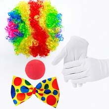 Accesorios de disfraz de payaso: peluca, zapatos, máscara, corbata, chaleco, abanico de pelo explosivo de colores para fiestas