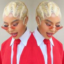 1顶80年代复古优雅无蕾丝指波纹假发，613号金色，150%密度，4英寸指波纹真人发假发，女士短款精灵头假发，妈妈款假发 - 金色 - 查看 6