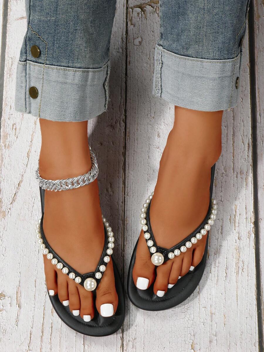 Sandalias de dedo con perlas para mujer, sandalias romanas planas de verano para exteriores, nuevo estilo de nicho - Negro - Ver 1