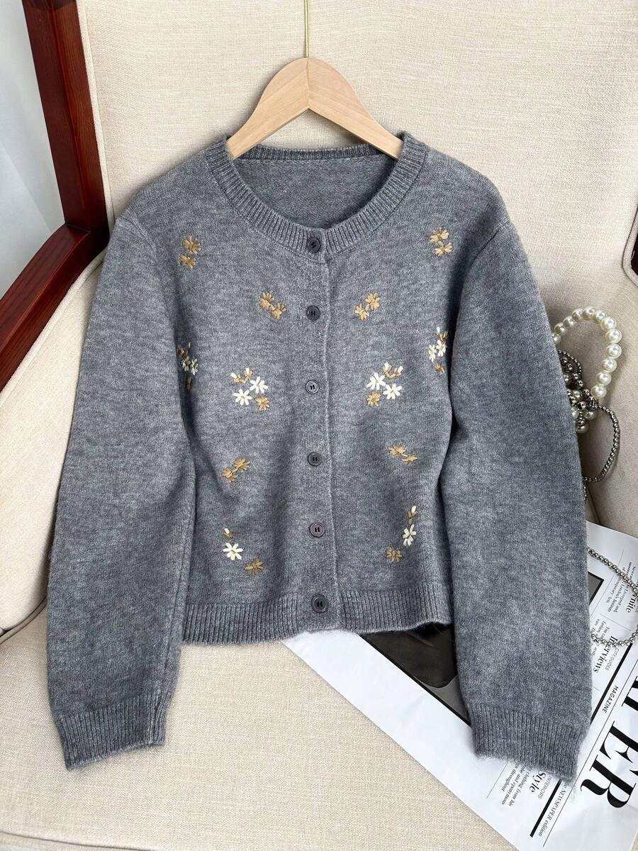 3D Embroidered Knit Cardigan, New Design Heavy Sweater Jacket For Autumn/Winter - Grey - View 1