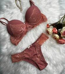 Ribbed Lingerie With Lace, Bra With Pad And Comfortable Panties