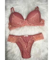 Ribbed Lingerie With Lace, Bra With Pad And Comfortable Panties