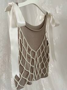 DEKUNER 串珠吊带背心设计小众外套百搭时尚镂空针织V领身体链可爱蝴蝶结肩带，女士礼物 - 白色 - 查看 4