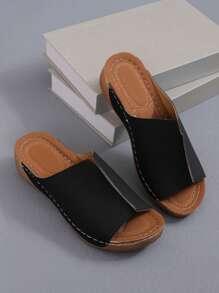 Plus Size Women's Wedge Heel Sandals Slippers, Simple Design, Comfortable Thick Sole Wedge Sandals, Suitable For Outdoor Wear, Cross-Border E-Commerce - Black - View 6