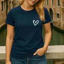Women's Basic T-Shirt Cute Heart 100% Cotton Various Colors - 藍色 - 查看 3