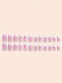 Instantly Upgrade Your Look With 24Pcs Middle Square Pink Sparkling Loose Powder White French Line Pink Rose Flower Full Cover Detachable Push Fake Nail For Women And Girls For Women And Girls Nail Salon With 1 Piece Of Jelly Gel And 1 File Strip Jelly Glue Is Randomly Shipped Press On Nails Nail Supplies Nails