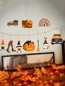 12pcs/Set Halloween Wooden Hanging Ornaments With String, Featuring Pumpkin, Witch Hat, High Heel Shoes And Vintage Car Designs, Rustic Hollow Wooden Decor, Suitable For Halloween, Thanksgiving, Indoor/Outdoor Home, Party Decoration, Porch And Tree Fall Decor Autumn Decor Home Decor Halloween Decor Room Decor