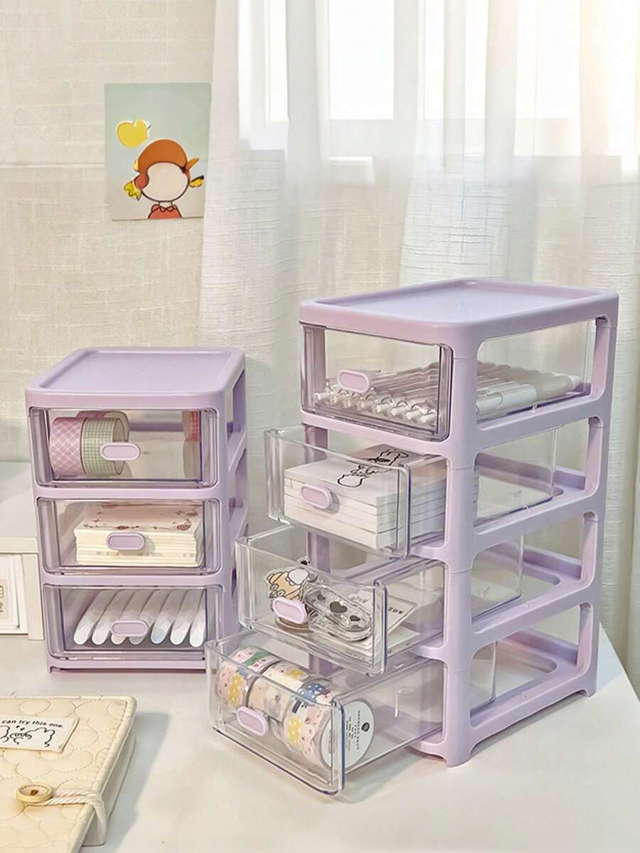 Drawer Style Desktop Storage Box, Multi-Layer Organizing Storage Box, Transparent Dustproof And Waterproof Storage Box, Desk Desktop Storage Box, Bedroom, Dormitory, Study, Bathroom Storage Box, 2nd/3rd/4th/5th Floor, Stationery, Pens, Office Supplies, Cosmetics And Other Items Storage And Organizing - Purple - View 1