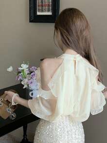 夏季新款仿珍珠项链露肩优雅光泽雪纺衬衫收腰半身裙套装，高端上衣 - 杏色 - 查看 3