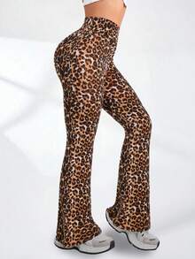 Women Leopard Pattern Slim Fit Flared Pants High Waist Seamless Wide Leg Leopard Print Sports Trousers Gym Yoga Lift Buttocks Exercise Leggings Breathable Comfort Suitable For Daily Leisure Activities Such As Dancing And Yoga Four Seasons Daily Women's Clothing