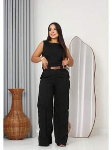 Women's Set Tank Top And Pants Tailored Simple Elegant Casual With Belt Pocket - 黑色 - 查看 2