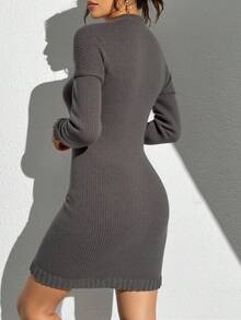 Vestido de punto  Liso  Rombos    Casual  Elegante    Tejido similar a la lana    Trenzado  Canalé    Noche de fiesta  Casa  Oficina  Tener una cita    otoño/invierno - Verde militar - Ver 2