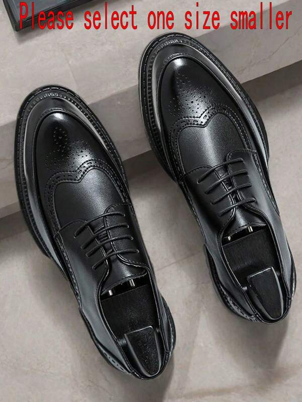 Black Wingtip Brogue Leather Formal Dress Oxfords Shoes For Men, Business & Wedding Formal Wear, Elevator Lace-Up