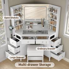 Yanosaku Modern Corner Vanity Desk With Mirror & Lights, Glass Top Makeup Vanity With Bluetooth Speaker, 8 Drawers, 6 Shelves, 3-Color Lighting, Dressing Table With Chair, White - Xem 6