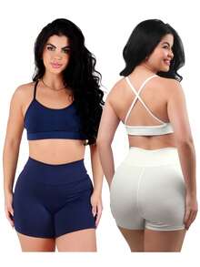 Work Fitness Kit 2 Set Bare Back Top With Cross Straps And Bermuda Shorts Basic Premium - White and Blue - View 1