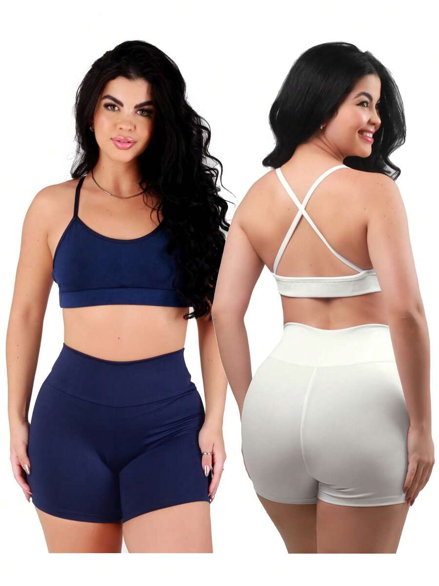 Work Fitness Kit 2 Set Bare Back Top With Cross Straps And Bermuda Shorts Basic Premium - White and Blue - View 1