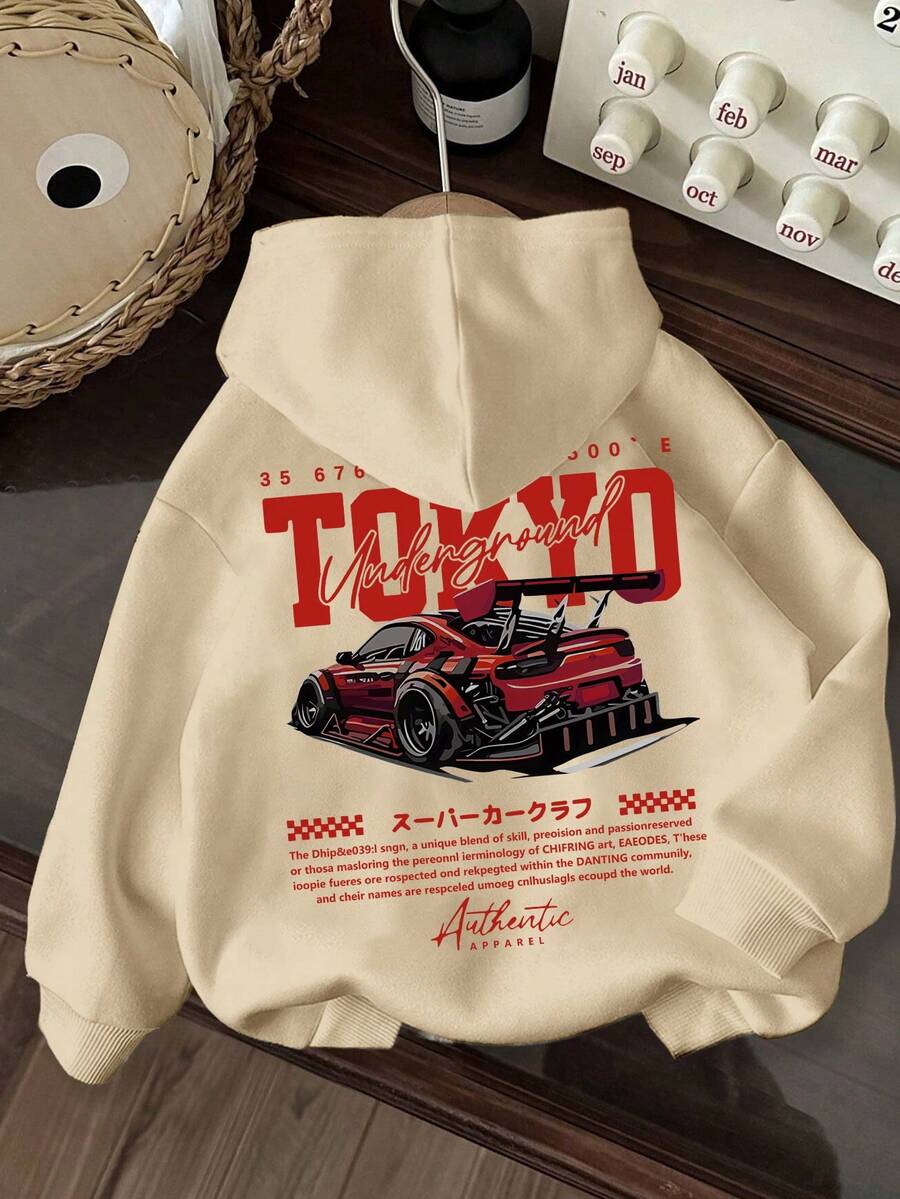 Tween Boy Casual Minimalist Racing Car Print Sweatshirt, Tween Boy Long Sleeve Hooded Sweatshirt, Autumn/Winter Student Clothing