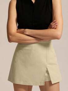 Women's Slim Fit Mini Skort With Side Zipper Casual Asymmetrical Split Hemline Skirts For Daily - Màu be - Xem 3