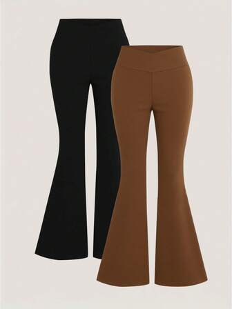 Set de 2 pantalones acampanados de cintura alta de unicolor casuales para niñas, pantalones cómodos y ajustados para ocio al aire libre, adecuados para todas las estaciones