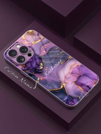 1 pezzo Custodia per telefono personalizzata con nome, in vetro con motivo marmorizzato dorato multitessuto, compatibile con 17 Pro Max/16 Pro Max/15 Pro/14 Plus/13 Pro/12 Pro Max/11/XS Max/8/7/6 Plus, Galaxy S24 Ultra/S25 Ultra, alla moda, colorata, carina, divertente, minimalista, idea regalo per la Festa della Mamma, Festa del Papà, custodia per telefono, accessorio per telefono