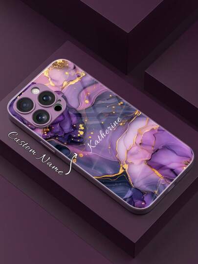 1pc Customized Name, Multi-Texture Gold Marble Pattern Glass Phone Case Compatible With IPhone 17 Pro Max/16 Pro Max/15 Pro/14 Plus/13 Pro/12 Pro Max/11/XS Max/8/7/6 Plus, Galaxy S24 Ultra/S25 Ultra, Fashionable, Colorful, Cute, Fun, Minimalist, Mother's Day, Father's Day Phone Case, Phone Cover, Phone Accessory, Customized Phone Case