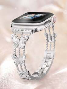 1 Pc Glitter Silver Metal Hollow Butterfly Crystal Diamond Embedded Heart Design Apple Watch Band, Fashion & Creative For Apple Watch Ultra/Series 3/SE/Series 1-8, 38mm-49mm, Elegant Gift For Girlfriend, Boyfriend, Family