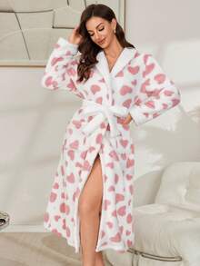 爱心印花口袋毛绒领女式睡袍，冬季保暖，蓬松舒适 - 粉色 - 查看 1