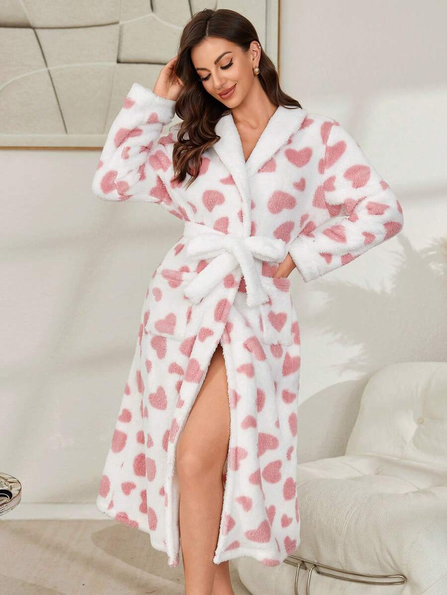 爱心印花口袋毛绒领女式睡袍，冬季保暖，蓬松舒适 - 粉色 - 查看 1