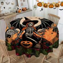 1pc Round Tablecloth, Must-Have For Halloween! Pumpkin + Bat Elements, Ideal For Dark Party Atmosphere, Suitable For Daily Home, Living Room, Dining Room, Theme Party Events, Washable And Reusable